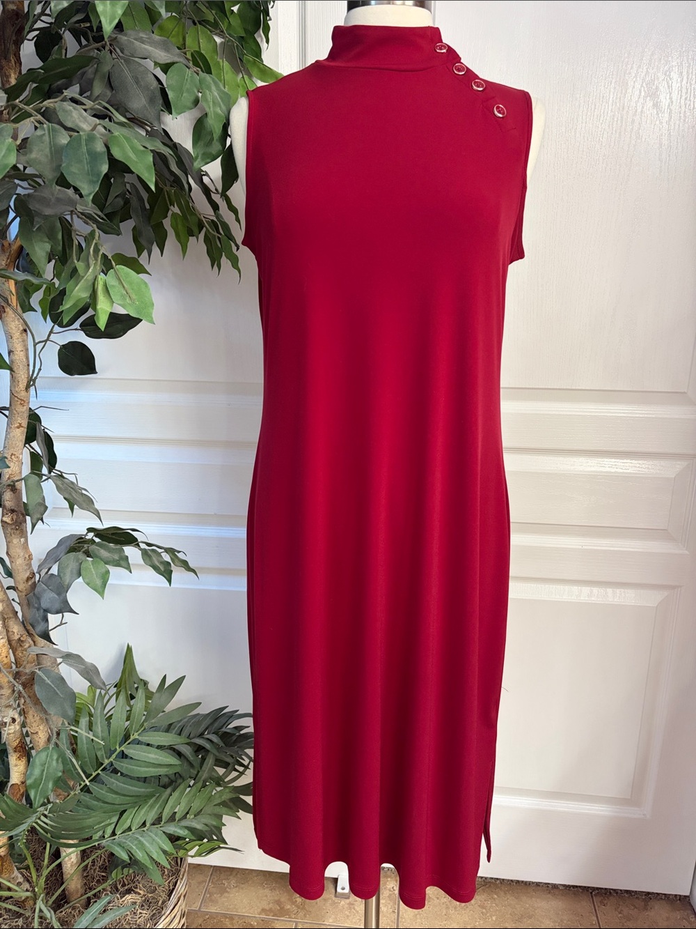 Susan Graver Regular Modern Essentials Liquid Knit Mock Neck Dress~Red Current